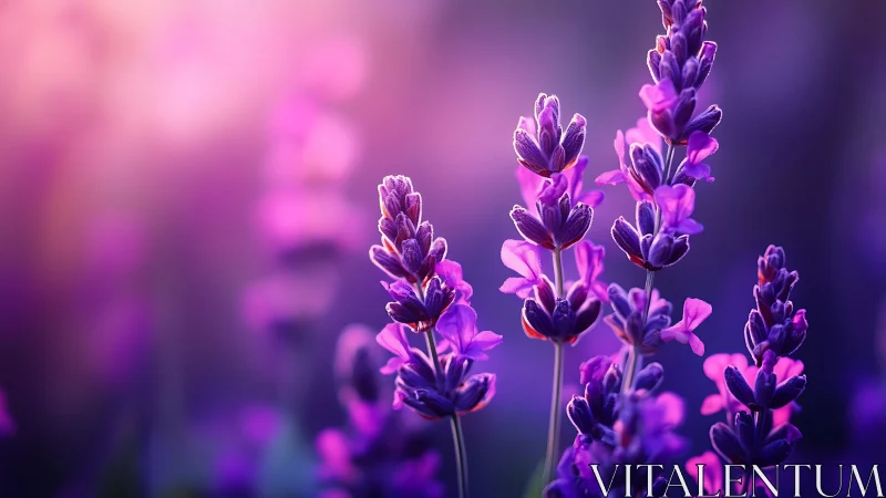 Purple Lavender Stems Against Bokeh Gradient Background.