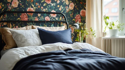 Cozy bedroom blends florals, navy bedding, and soft daylight.