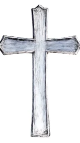 Weathered white Christian cross rendered in soft brushstrokes.