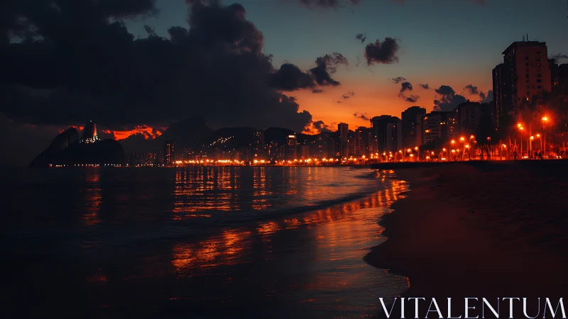 Coastal city skyline at dusk with illuminated shoreline lights.