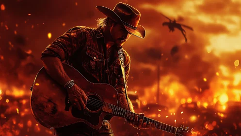Cowboy guitarist in incendiary cinematic backlit inferno.