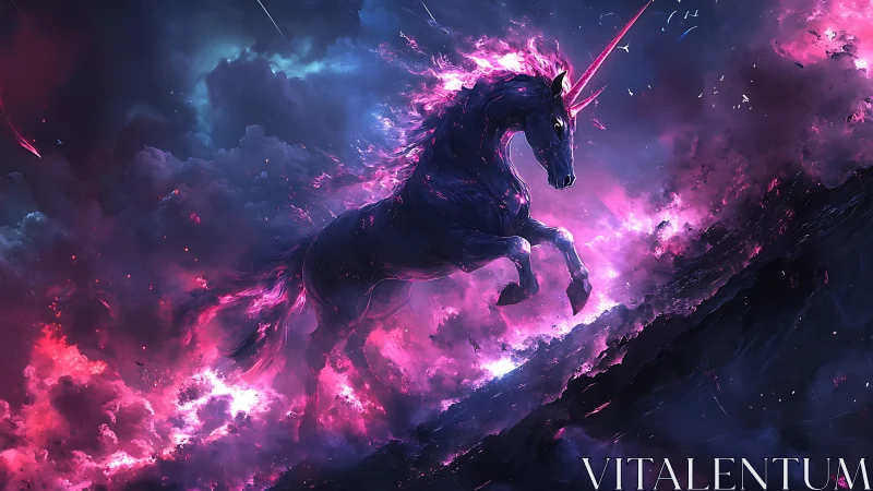 Cosmic unicorn charges through glowing nebula storm