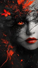 Monochrome female visage fractured by red splatter dynamics