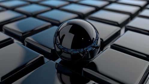 Black chrome sphere rests on reflective cubic grid plane.