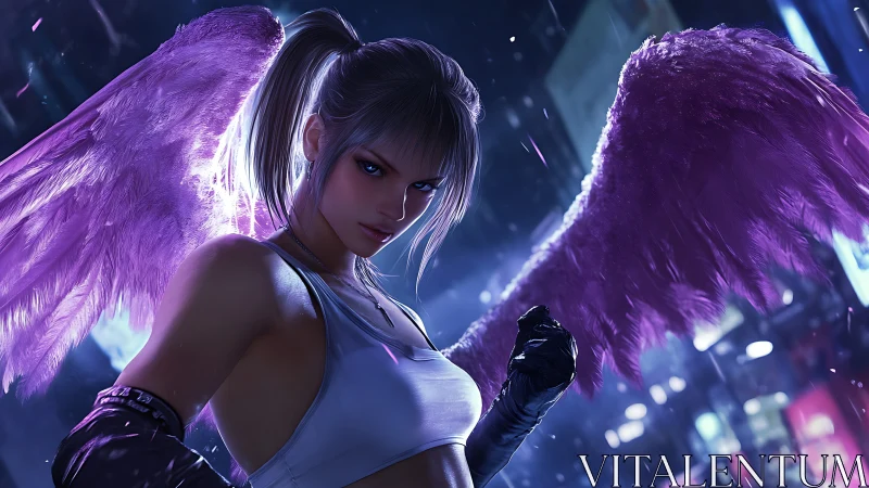 Neon winged warrior stands defiant in a rain-soaked city night