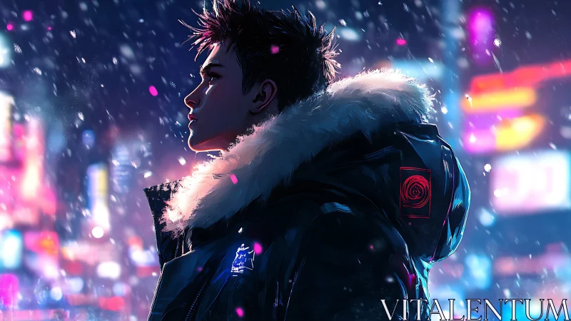 Cyberpunk street wanderer under neon snowfall at night.