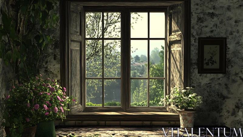 Sunlit cottage window cradling quiet garden daydreams.