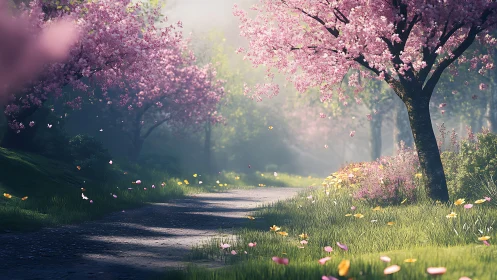 Petal-bright springtime path curls through a misty dream grove