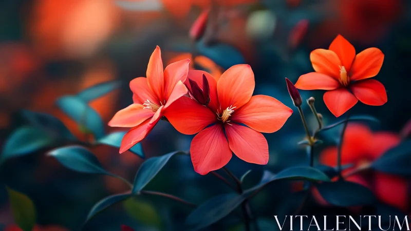 Vibrant Coral Flowers Against Deep Teal Foliage. Depth-of-field botanical study.