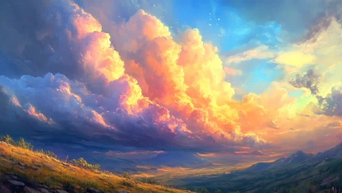 Sunlit cumulonimbus clouds dominate expansive valley sky