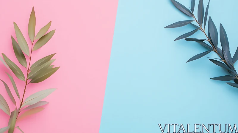 Contrasting eucalyptus leaves rest on pink and blue backdrop