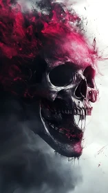 Fiery crimson skull emerging from swirling smoky shadows.