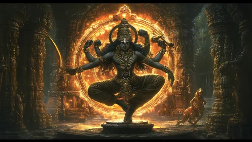 Cosmic dancer ignites a golden storm within temple shadows.