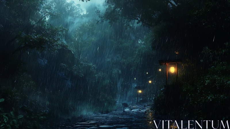 Rain-soaked cyberpunk alley. Neon lanterns pierce dark storm.