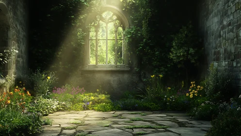 Sunlit stone courtyard frames lush overgrown garden interior.