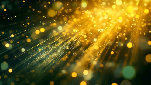 Abstract golden light rays and bokeh particles in motion, digital art.