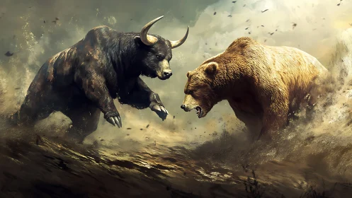 Charging bull and roaring bear clash in dynamic dust storm