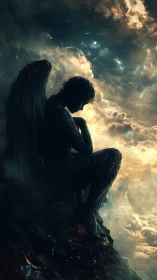 Brooding dusk angel perched above a storm of molten clouds.