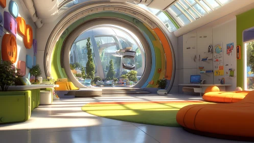 Futuristic interior space with circular portal window and modular seating.