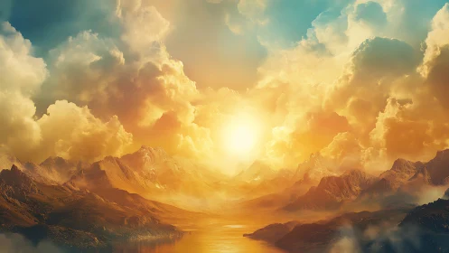 Radiant mountain sunrise above golden fantasy valley.