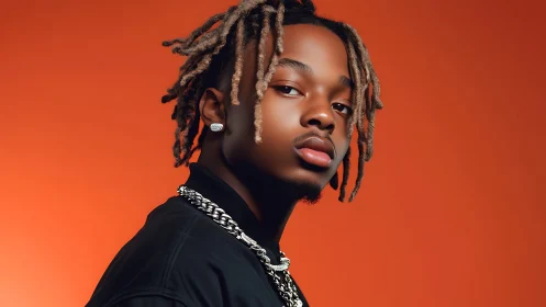 Portrait of stylish man in studio lighting against orange backdrop
