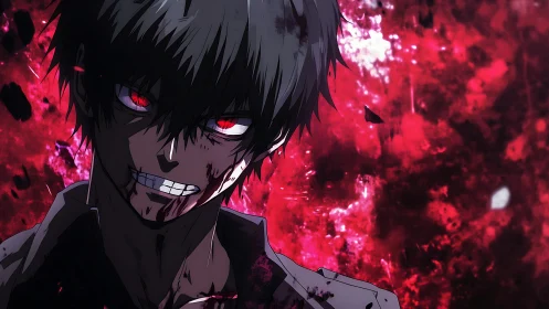 Bloodied anime antihero with glowing red eyes, enraged