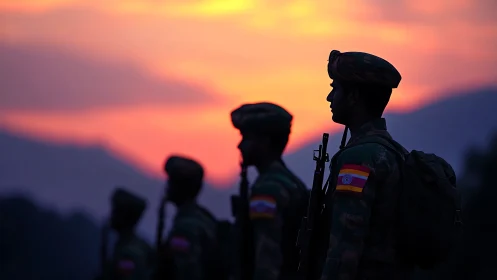Silhouetted soldiers in formation against gradated orange-pink sunset