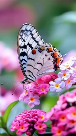 Macro study of striped butterfly on pink lantana under shallow depth