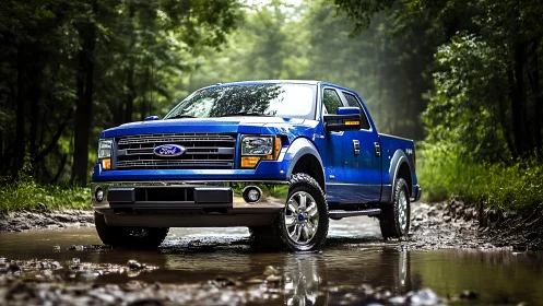 Blue Ford pickup truck parked on muddy forest trail road.