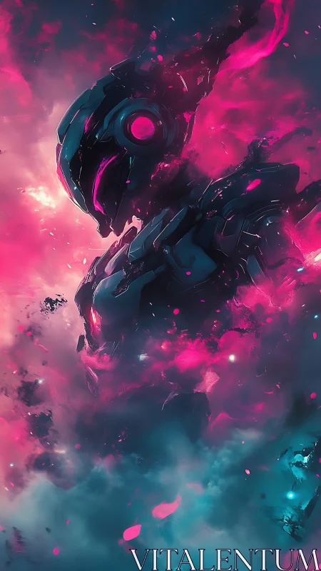 Neon cyber mech dissolving into electrified nebula clouds.
