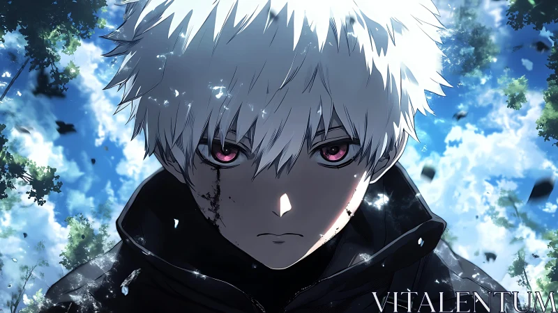 White haired anime warrior under shattered blue sky.