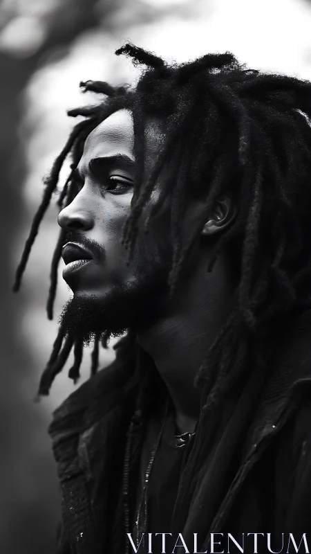 Side profile portrait of man with dreadlocks outdoors.