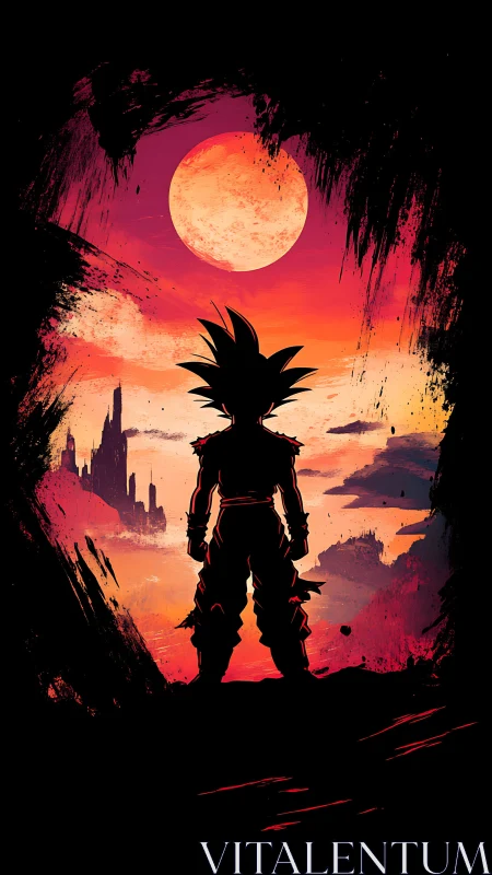 Crimson moon warrior silhouetted against burning skies.