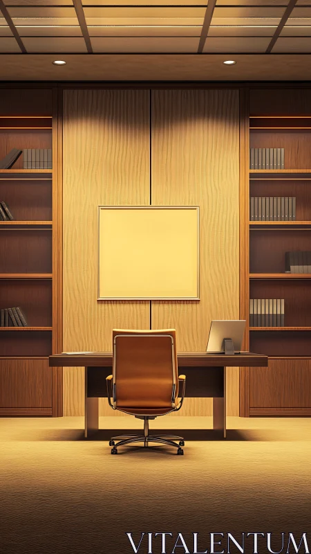 Minimalist Executive Office with Centered Desk and Framed Artwork