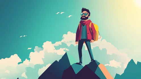 Confident hiker gazes over stylized sunlit mountain peaks