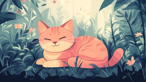 Serene Cat in Garden Among Blooming Flowers.