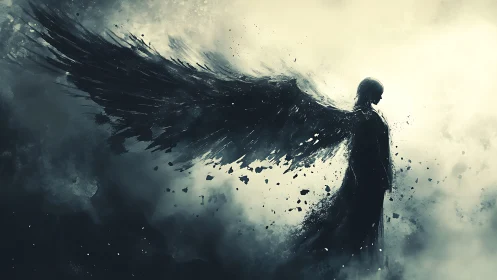 Dark winged figure in misty light and drifting debris.