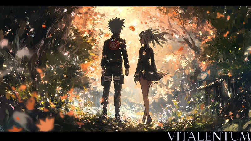 Autumn-lit forest corridor cradles two drifting silhouettes