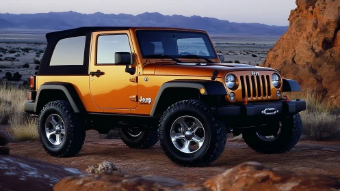 Gold Jeep Wrangler dominates rugged desert trail at dusk.