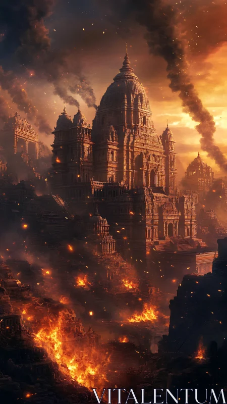 Digital painting of burning temple megastructure in dusk inferno.
