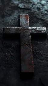 Rusted metal cross lies on dark textured stone surface