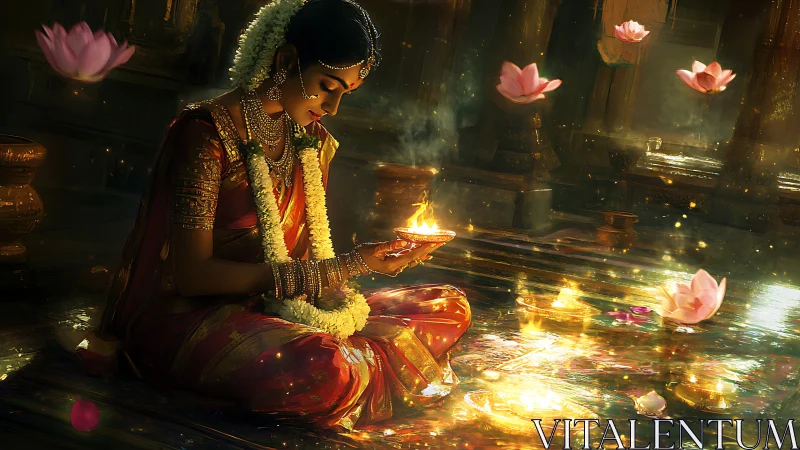 Woman in traditional attire holding ritual lamp indoors.