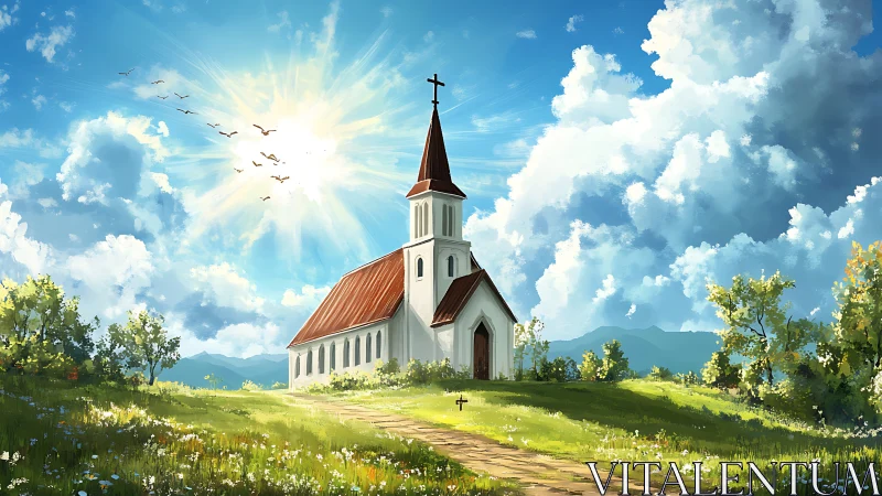 Rural church stands on grassy hill under expansive sky