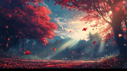 Sunlit autumn forest path glows under drifting red leaves