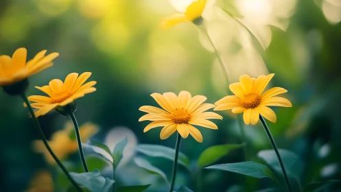 Yellow Daisies Bloom in Soft Garden Light.