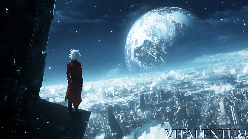 Lone figure surveys neon-lit megacity beneath colossal planet