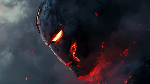 Damaged armored helmet with internal red-hot illumination.