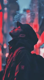 Man in hooded jacket exhales vapor in neon city street