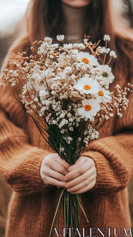 Woman in Rust Sweater Holds White Daisy and Baby's Breath Bouquet
