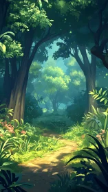 Forest pathway with ambient light through tree canopy